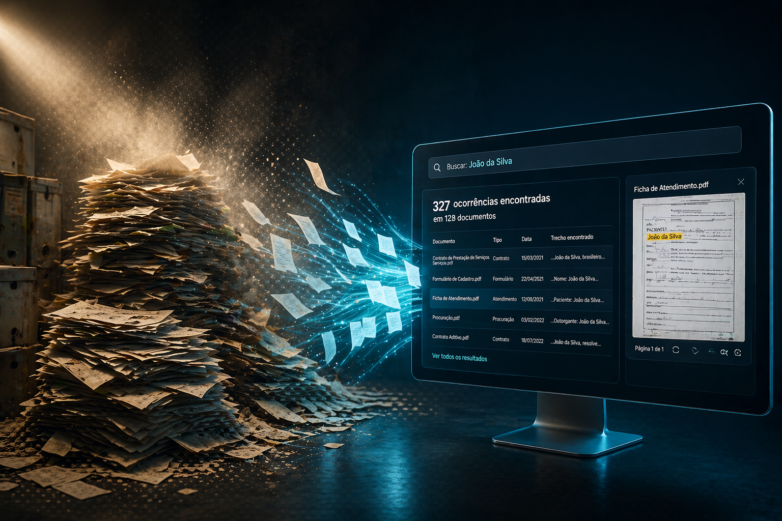 Visual do ARGO mostrando documentos, OCR, busca e rastreabilidade